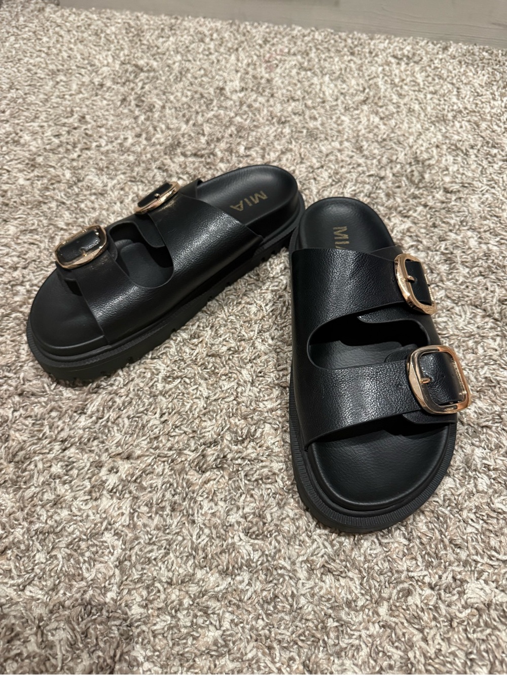 MIA Black Slide Sandals with Gold Buckles